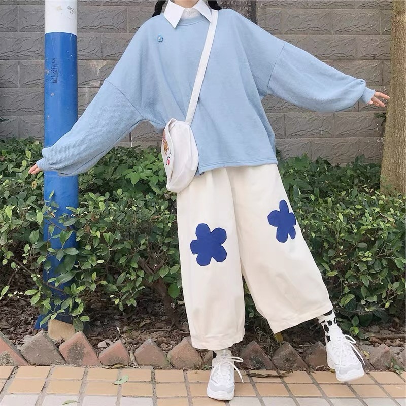 超可愛 藍色小花花 九分寬褲-細節圖7