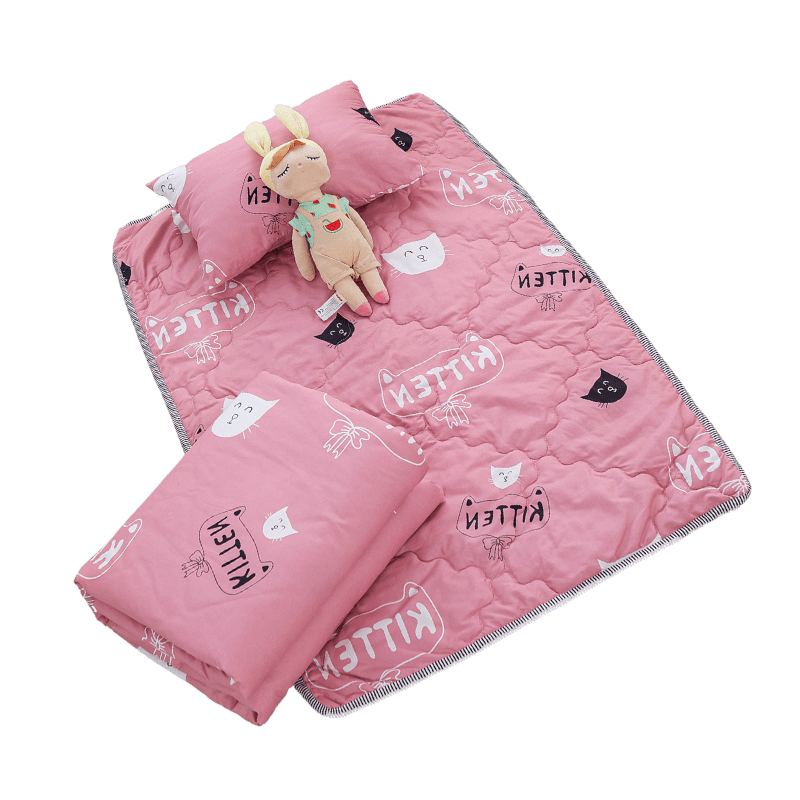 【夢境】兒童睡墊 三件組 幼稚園午睡首選 舒柔棉/睡墊/睡袋/2-8歲/快速收納/方便攜帶 - 貓咪粉-細節圖2