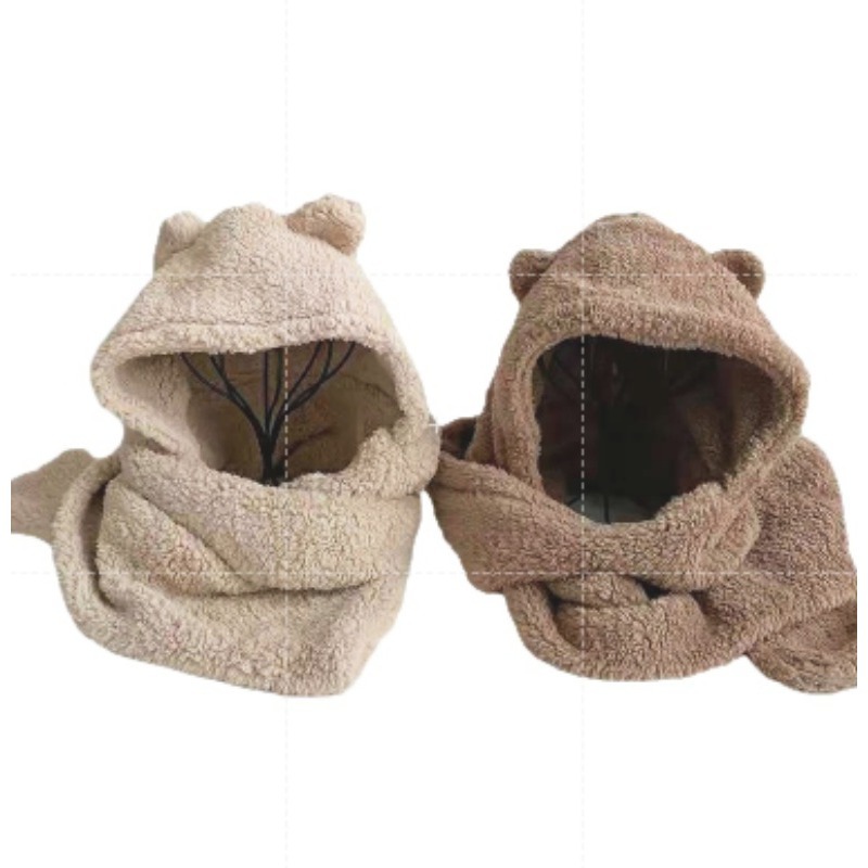 🐻三件套🐻小熊帽子圍巾連帽小熊圍巾+手套可愛百搭毛絨圍巾加厚絨毛圍巾 秋冬保暖圍巾圍脖 泰迪熊純色圍巾 熊寶寶圍巾-細節圖2