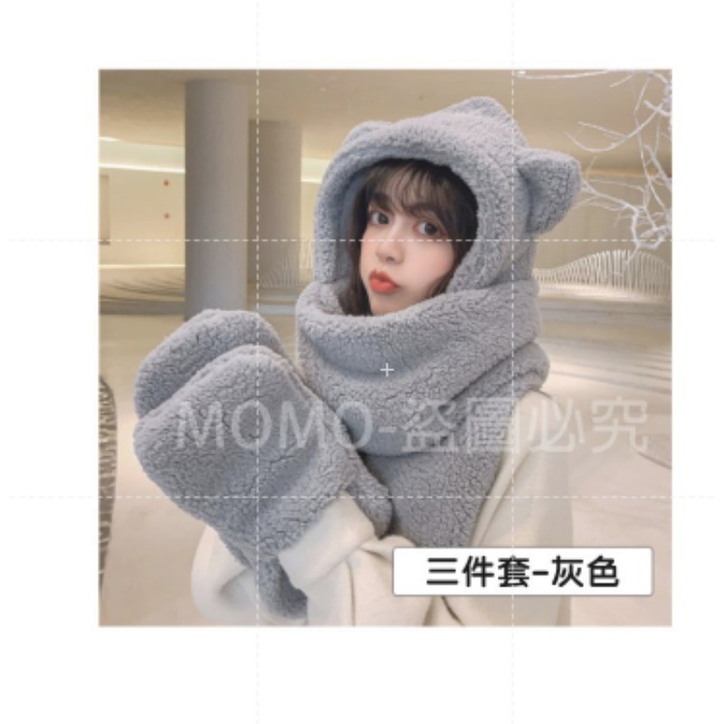 🐻三件套🐻小熊帽子圍巾連帽小熊圍巾+手套可愛百搭毛絨圍巾加厚絨毛圍巾 秋冬保暖圍巾圍脖 泰迪熊純色圍巾 熊寶寶圍巾-細節圖6