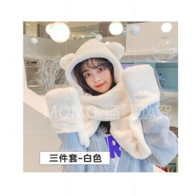🐻三件套🐻小熊帽子圍巾連帽小熊圍巾+手套可愛百搭毛絨圍巾加厚絨毛圍巾 秋冬保暖圍巾圍脖 泰迪熊純色圍巾 熊寶寶圍巾-細節圖7