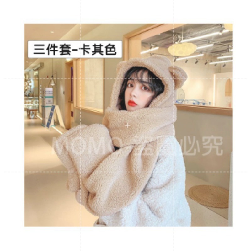 🐻三件套🐻小熊帽子圍巾連帽小熊圍巾+手套可愛百搭毛絨圍巾加厚絨毛圍巾 秋冬保暖圍巾圍脖 泰迪熊純色圍巾 熊寶寶圍巾-細節圖8
