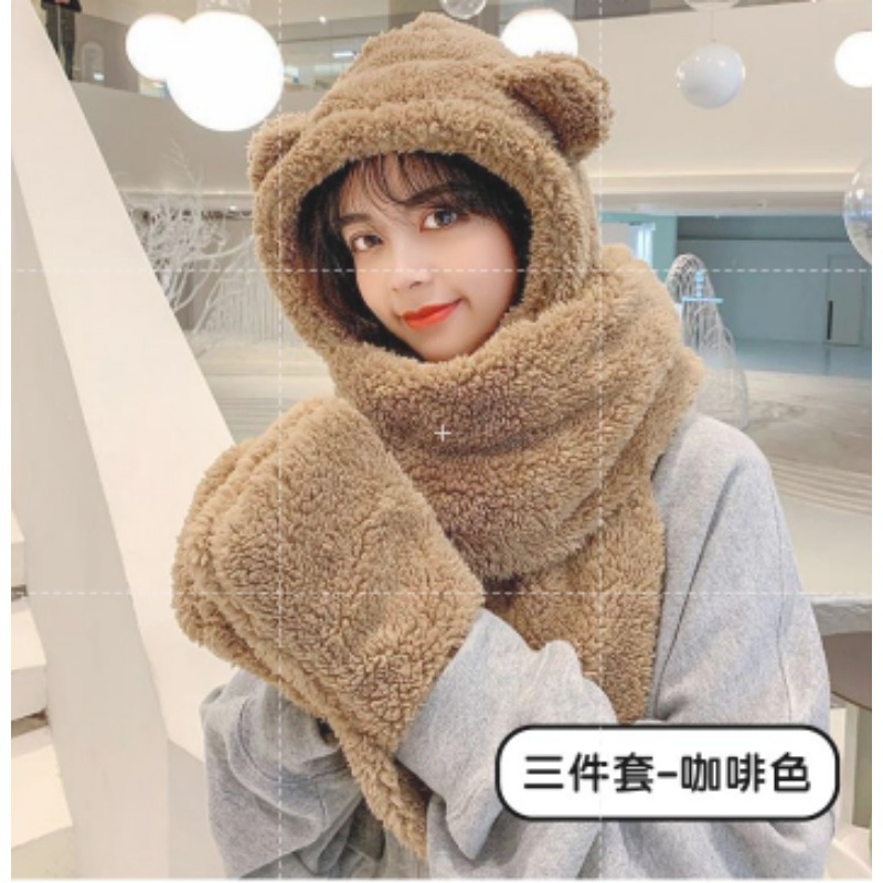 🐻三件套🐻小熊帽子圍巾連帽小熊圍巾+手套可愛百搭毛絨圍巾加厚絨毛圍巾 秋冬保暖圍巾圍脖 泰迪熊純色圍巾 熊寶寶圍巾-細節圖9