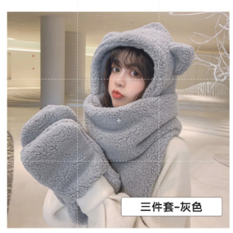 灰色 連帽小熊圍巾 (手可放進手套)