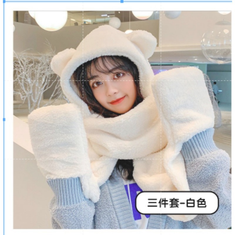 🐻三件套🐻小熊帽子圍巾連帽小熊圍巾+手套可愛百搭毛絨圍巾加厚絨毛圍巾 秋冬保暖圍巾圍脖 泰迪熊純色圍巾 熊寶寶圍巾-規格圖9