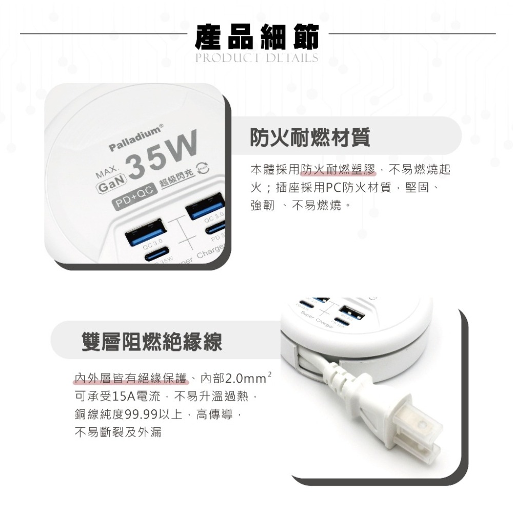 ✨現貨✨快充插座 USB TYPEC 帕拉丁 快充 閃充 35W 氮化鎵 PD USB充電器 收納式 出國必備 安全達人-細節圖6