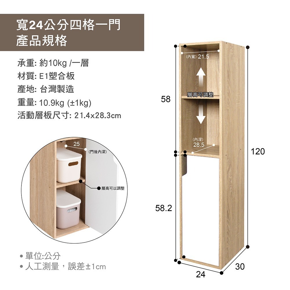 【祈樂森活】和曜四格一門 寬24公分 收納櫃 窄櫃 DIY組裝 E1低甲醛 書櫃 日系風 零食櫃 ★台灣製造★-細節圖8