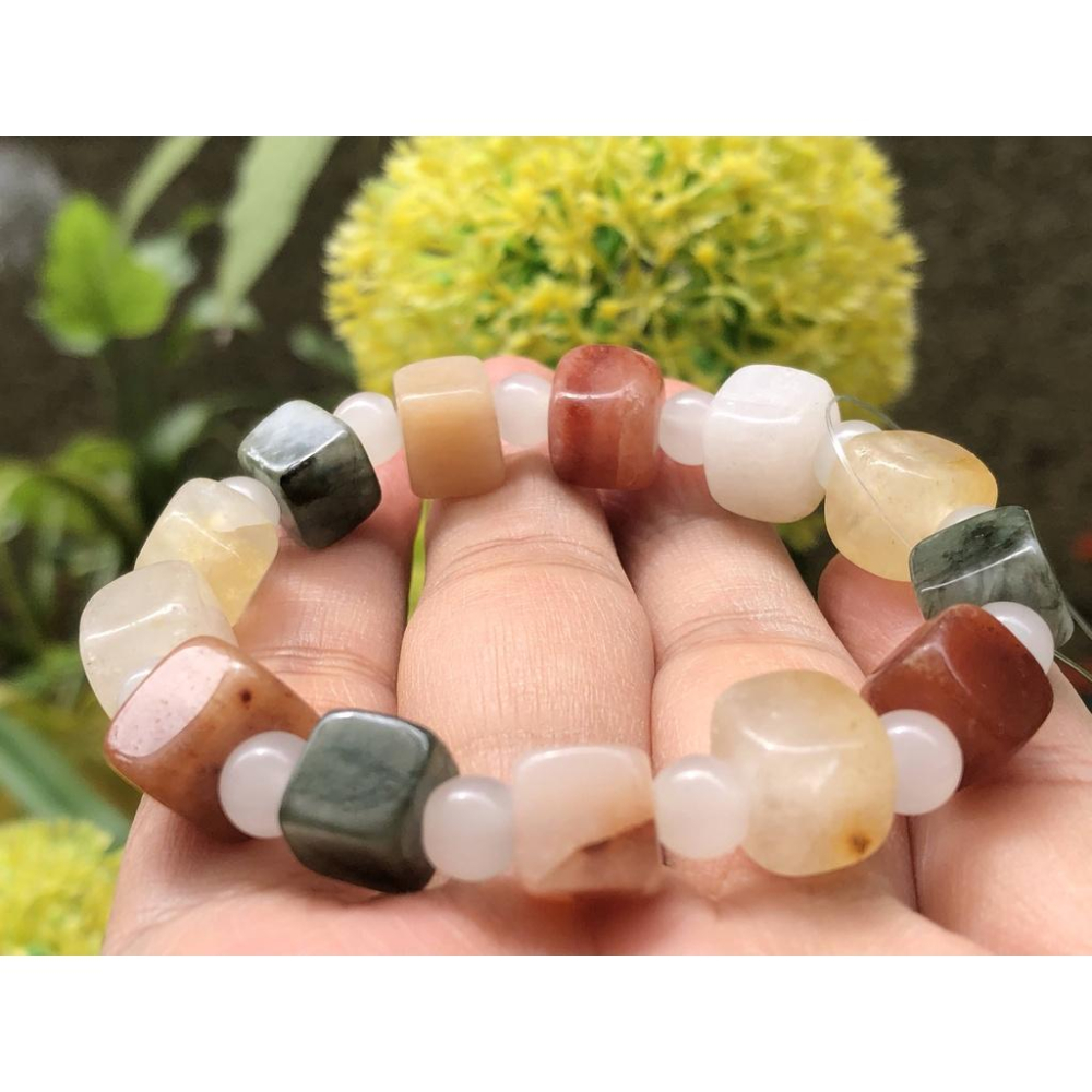 天然玉石水沫玉鈉長石玉水沫子三彩方糖圓珠手鍊手排手串手環10mm-細節圖3