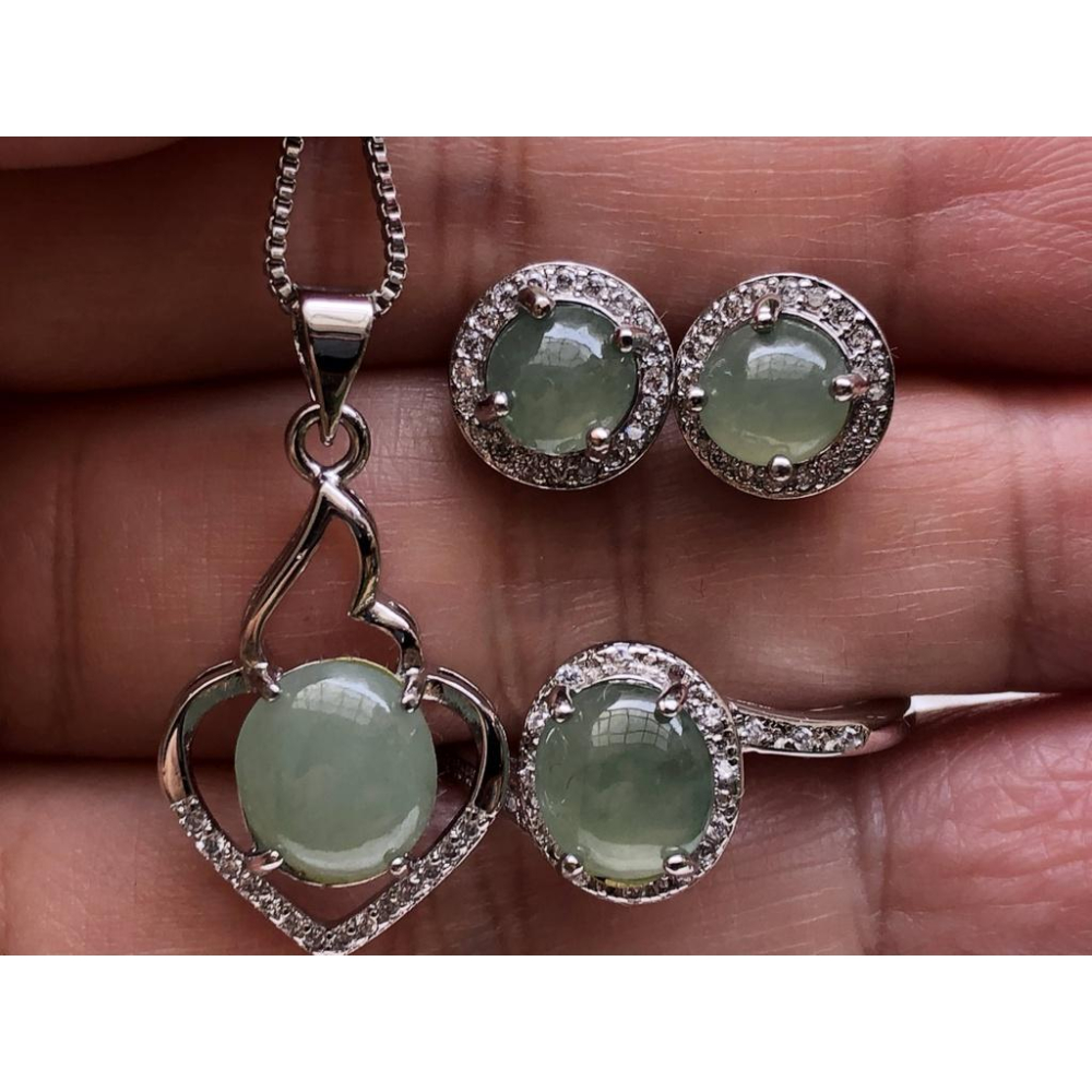 天然玉石翡翠a貨緬甸玉三件套冰藍水冰晴水925銀鑲嵌戒指吊墜耳釘套裝套組-細節圖3
