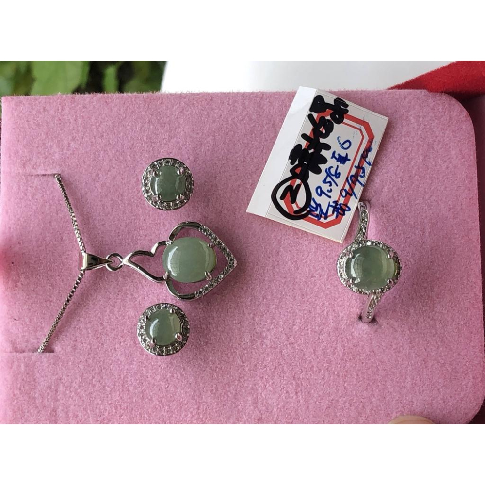 天然玉石翡翠a貨緬甸玉三件套冰藍水冰晴水925銀鑲嵌戒指吊墜耳釘套裝套組-細節圖4