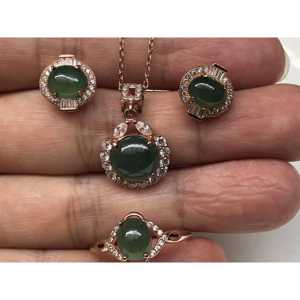 天然玉石翡翠a貨緬甸玉三件套冰藍水冰晴水925銀鑲嵌戒指吊墜耳釘套裝套組-細節圖5