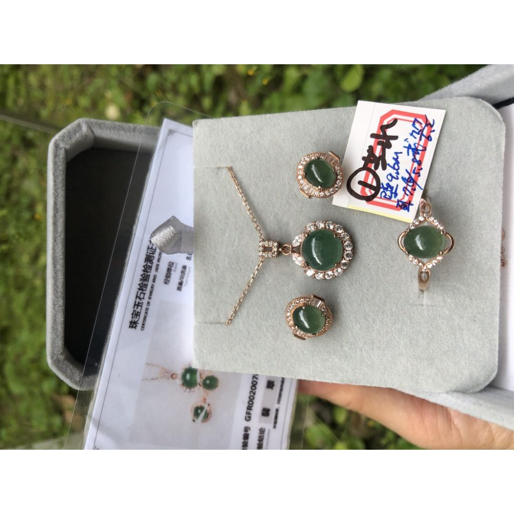 天然玉石翡翠a貨緬甸玉三件套冰藍水冰晴水925銀鑲嵌戒指吊墜耳釘套裝套組-細節圖8