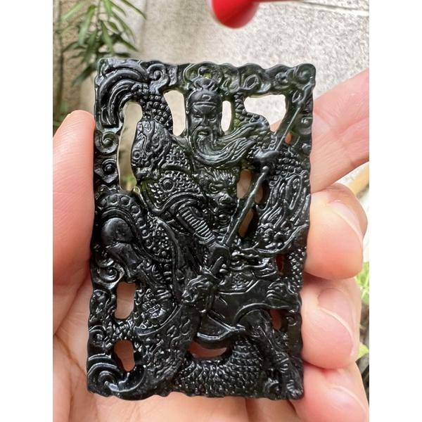 天然正品立體鏤空雙面雕玉石台灣墨玉蛇紋石武關公關聖帝君護龍帶刀吊墜墬子項鍊玉珮掛件珠寶首飾寶石飾品-細節圖2