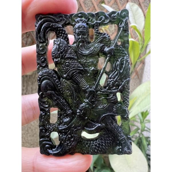 天然正品立體鏤空雙面雕玉石台灣墨玉蛇紋石武關公關聖帝君護龍帶刀吊墜墬子項鍊玉珮掛件珠寶首飾寶石飾品-細節圖7
