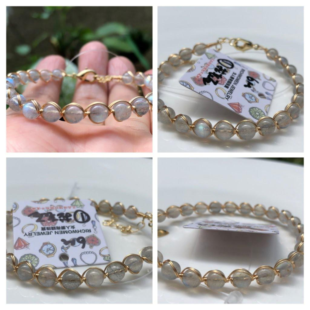 天然拉長石灰月光石橄欖石手編繩14k繞線手鍊手串手環手珠珠寶首飾飾品-細節圖2