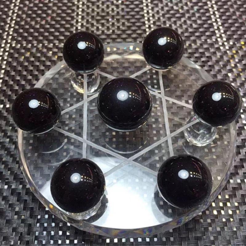 天然黑曜石水晶球七星陣七顆球+玻璃七星盤+木底座有求必應黑曜石招財七星陣組風水擺件避邪防小人-細節圖3