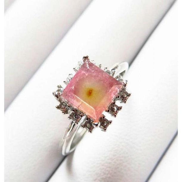 滿鑽包邊*黃心紅皮* 特色*收藏*極美AAA級10mm西瓜碧璽戒指活圍方型玉石珠寶首飾寶石-細節圖2