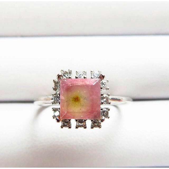 滿鑽包邊*黃心紅皮* 特色*收藏*極美AAA級10mm西瓜碧璽戒指活圍方型玉石珠寶首飾寶石-細節圖3