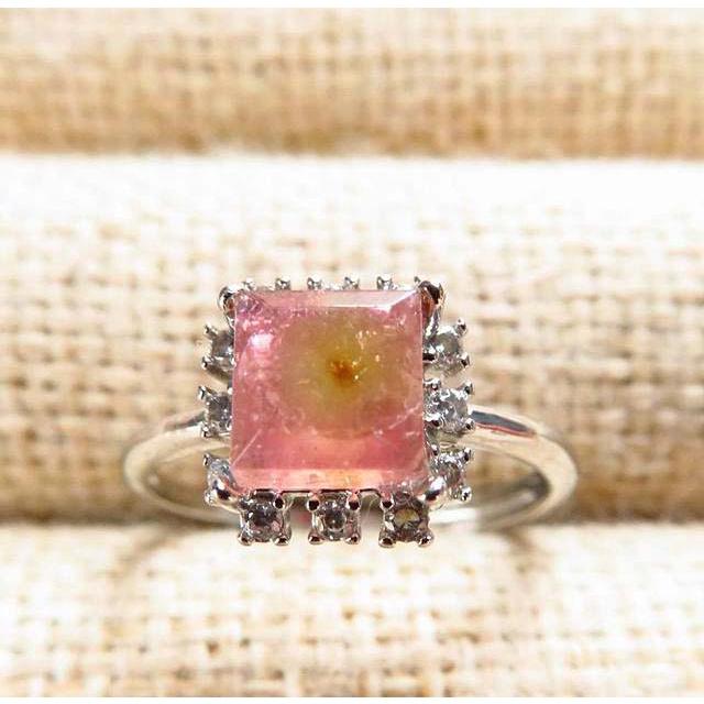 滿鑽包邊*黃心紅皮* 特色*收藏*極美AAA級10mm西瓜碧璽戒指活圍方型玉石珠寶首飾寶石-細節圖4