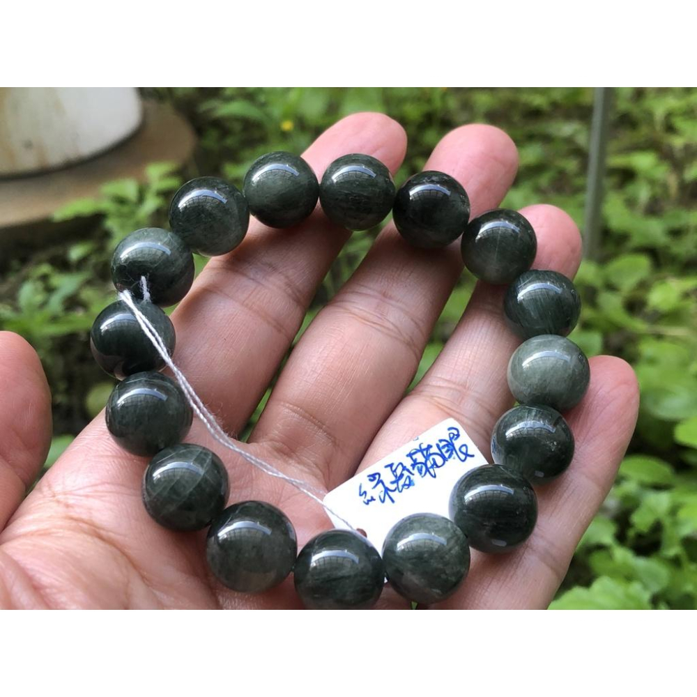 天然水晶貓眼綠髮晶單圈圓珠手鍊手串手珠手環12.5mm/44.6g首飾飾品-細節圖6