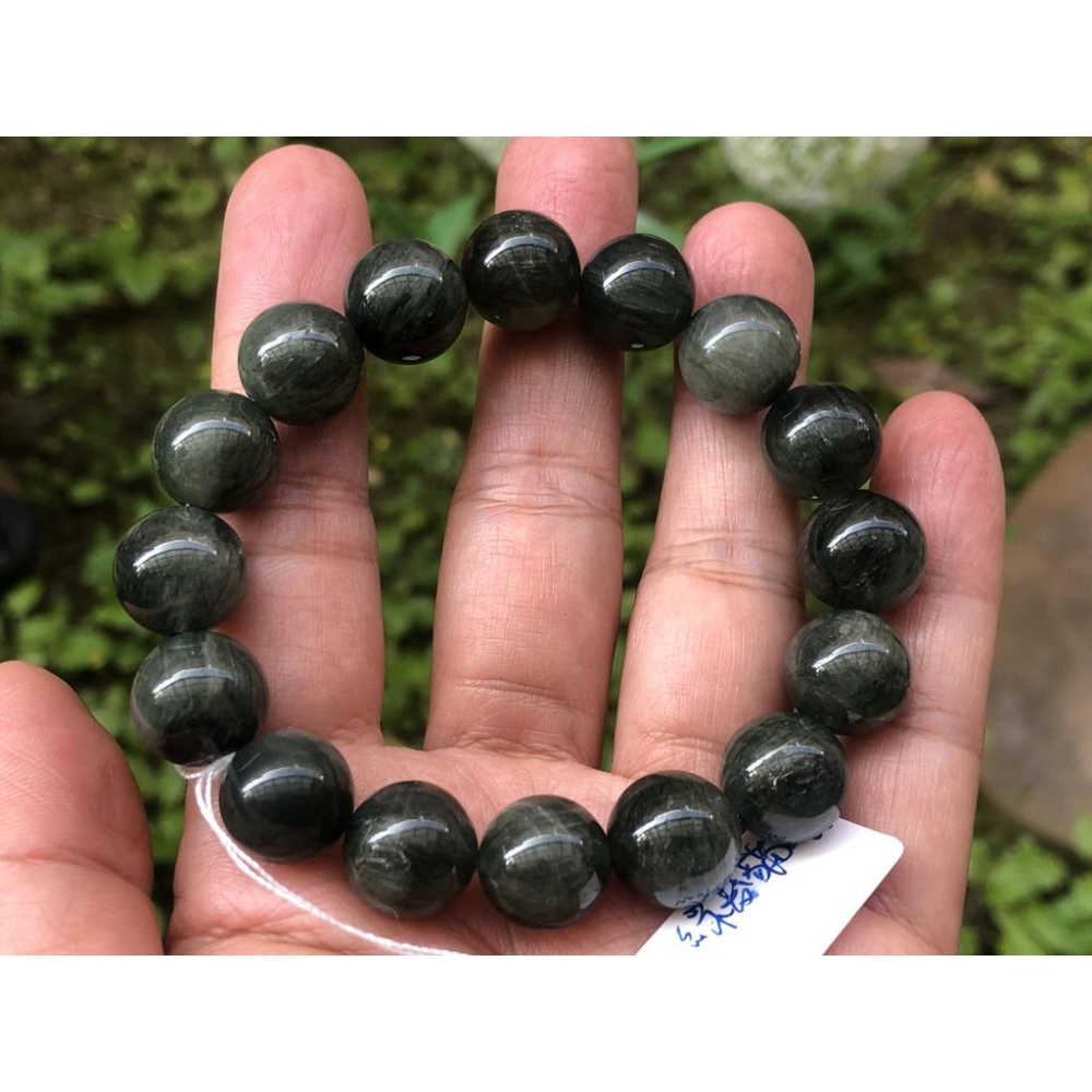 天然水晶貓眼綠髮晶單圈圓珠手鍊手串手珠手環12.5mm/44.6g首飾飾品-細節圖7