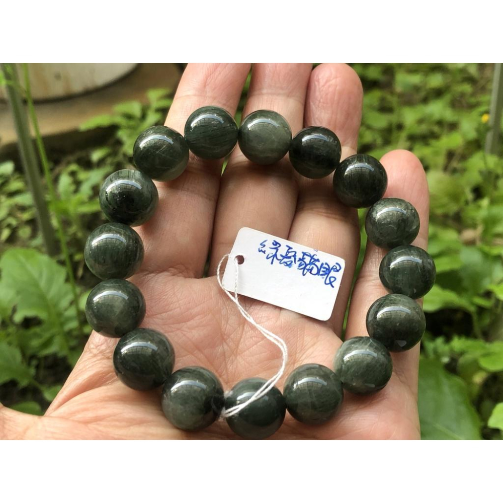 天然水晶貓眼綠髮晶單圈圓珠手鍊手串手珠手環12.5mm/44.6g首飾飾品-細節圖9