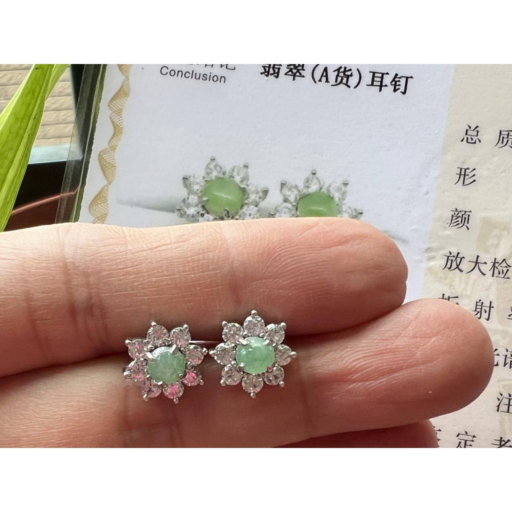 帶證書925銀天然A貨冰種冰綠翡翠耳釘耳環緬甸玉石女款耳飾珠寶寶石首飾飾品送禮盒-細節圖5