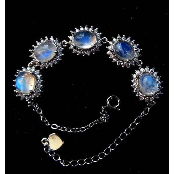 全冰透顆顆藍光豪華鑲嵌5粒大戒面8*6mm藍月光石包邊手鍊925銀珠寶玉石寶石首飾飾品-細節圖2