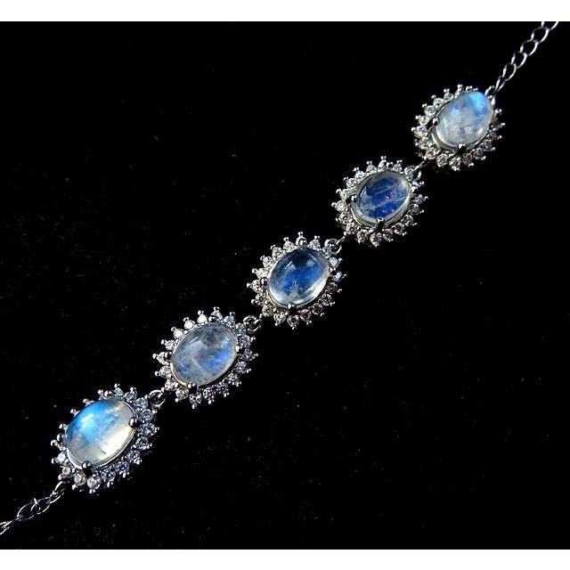 全冰透顆顆藍光豪華鑲嵌5粒大戒面8*6mm藍月光石包邊手鍊925銀珠寶玉石寶石首飾飾品-細節圖3