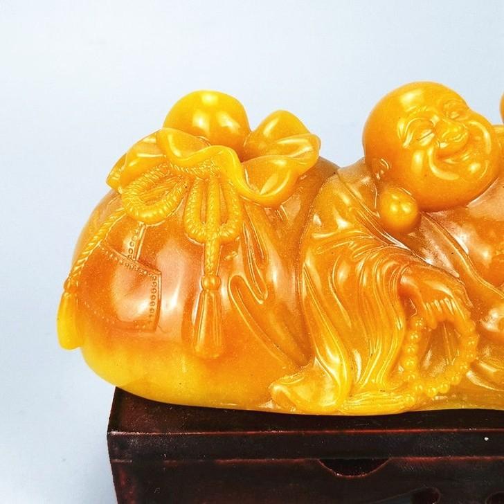 金錢袋如意彌勒佛擺件藝品客廳臥室玉石招財開運擺飾送底座-細節圖4