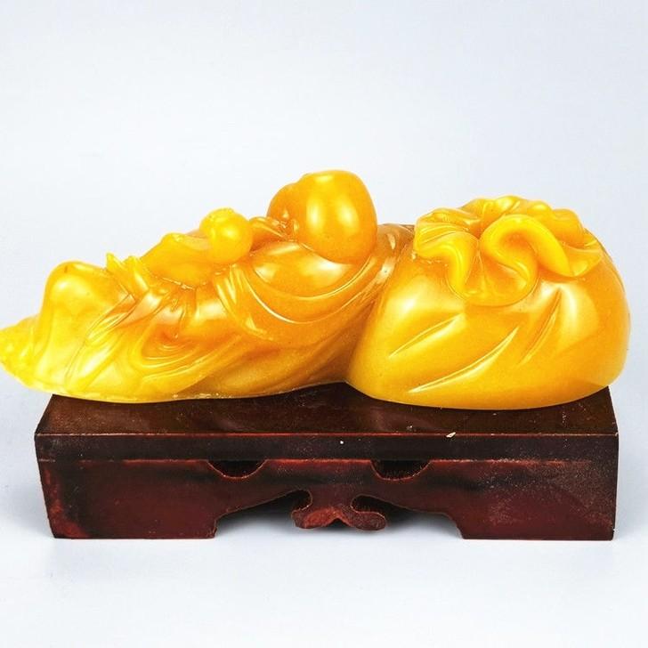 金錢袋如意彌勒佛擺件藝品客廳臥室玉石招財開運擺飾送底座-細節圖5