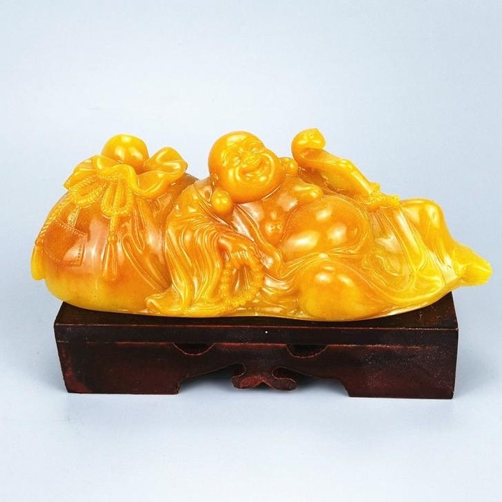 金錢袋如意彌勒佛擺件藝品客廳臥室玉石招財開運擺飾送底座-細節圖7