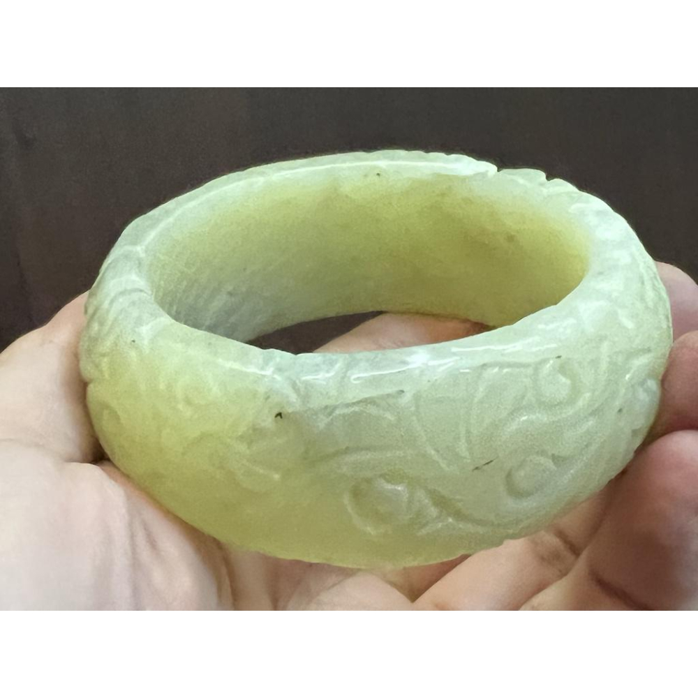 17.44圍超寬雕刻款绝美黄口料手镯鐲子手環玉鐲新疆和田玉手鐲 天然玉石和闐玉寬版花開富貴內外皆雕鏤空-細節圖3