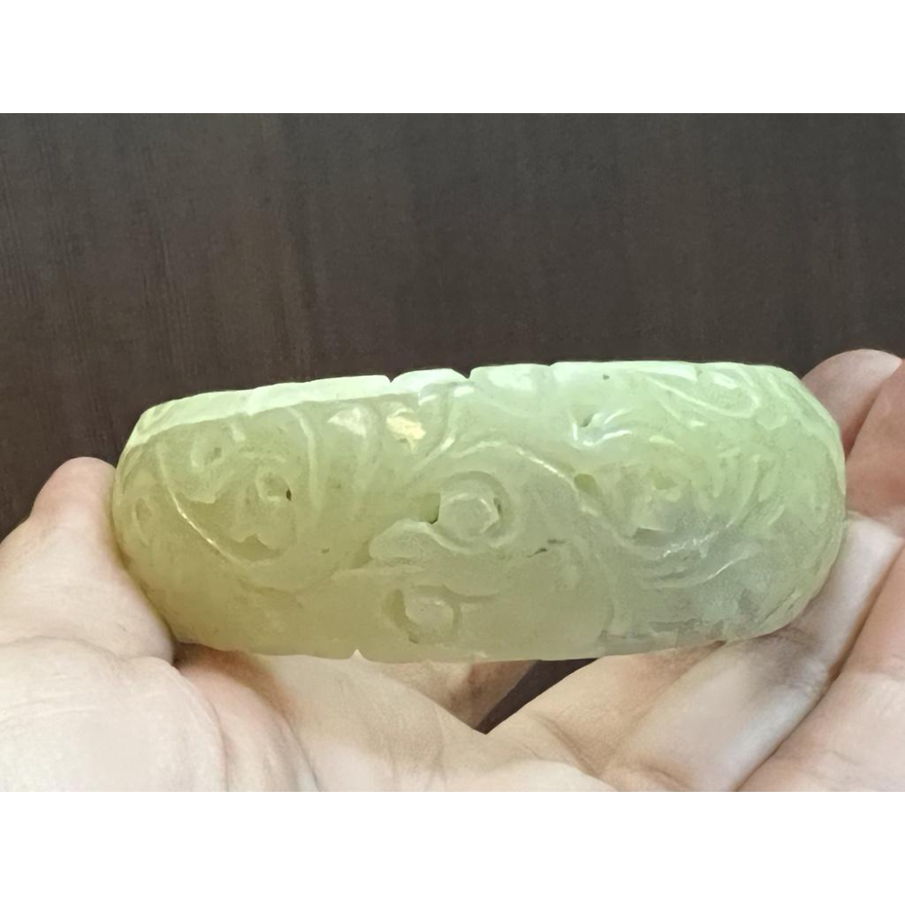 17.44圍超寬雕刻款绝美黄口料手镯鐲子手環玉鐲新疆和田玉手鐲 天然玉石和闐玉寬版花開富貴內外皆雕鏤空-細節圖4