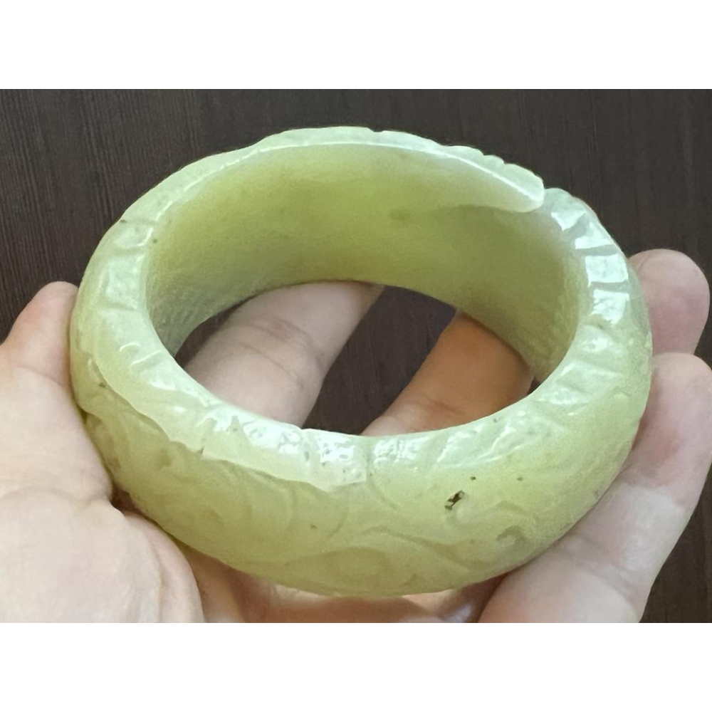 17.44圍超寬雕刻款绝美黄口料手镯鐲子手環玉鐲新疆和田玉手鐲 天然玉石和闐玉寬版花開富貴內外皆雕鏤空-細節圖7