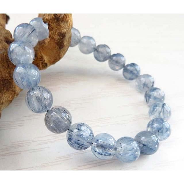 超級稀有淺藍色黑髮晶圓珠單圈手鍊手串手鏈手珠佛珠9mm/25g藍髮晶/黑碧璽天然水晶珠寶玉石首飾飾品專櫃精品-細節圖2
