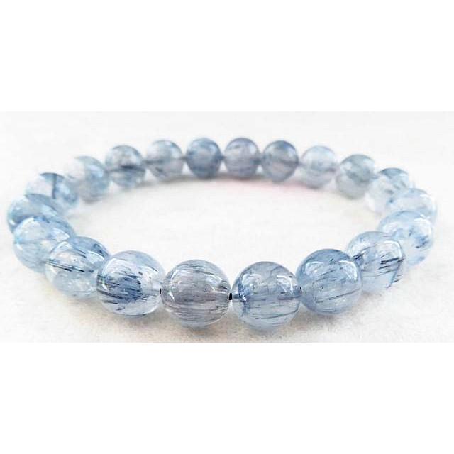 超級稀有淺藍色黑髮晶圓珠單圈手鍊手串手鏈手珠佛珠9mm/25g藍髮晶/黑碧璽天然水晶珠寶玉石首飾飾品專櫃精品-細節圖3