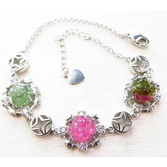 8mm/6.8g油亮通透艷麗西瓜碧璽西瓜碧璽玫瑰花包邊手鍊手環手串玉石珠寶首飾寶石飾品專櫃精品-細節圖3