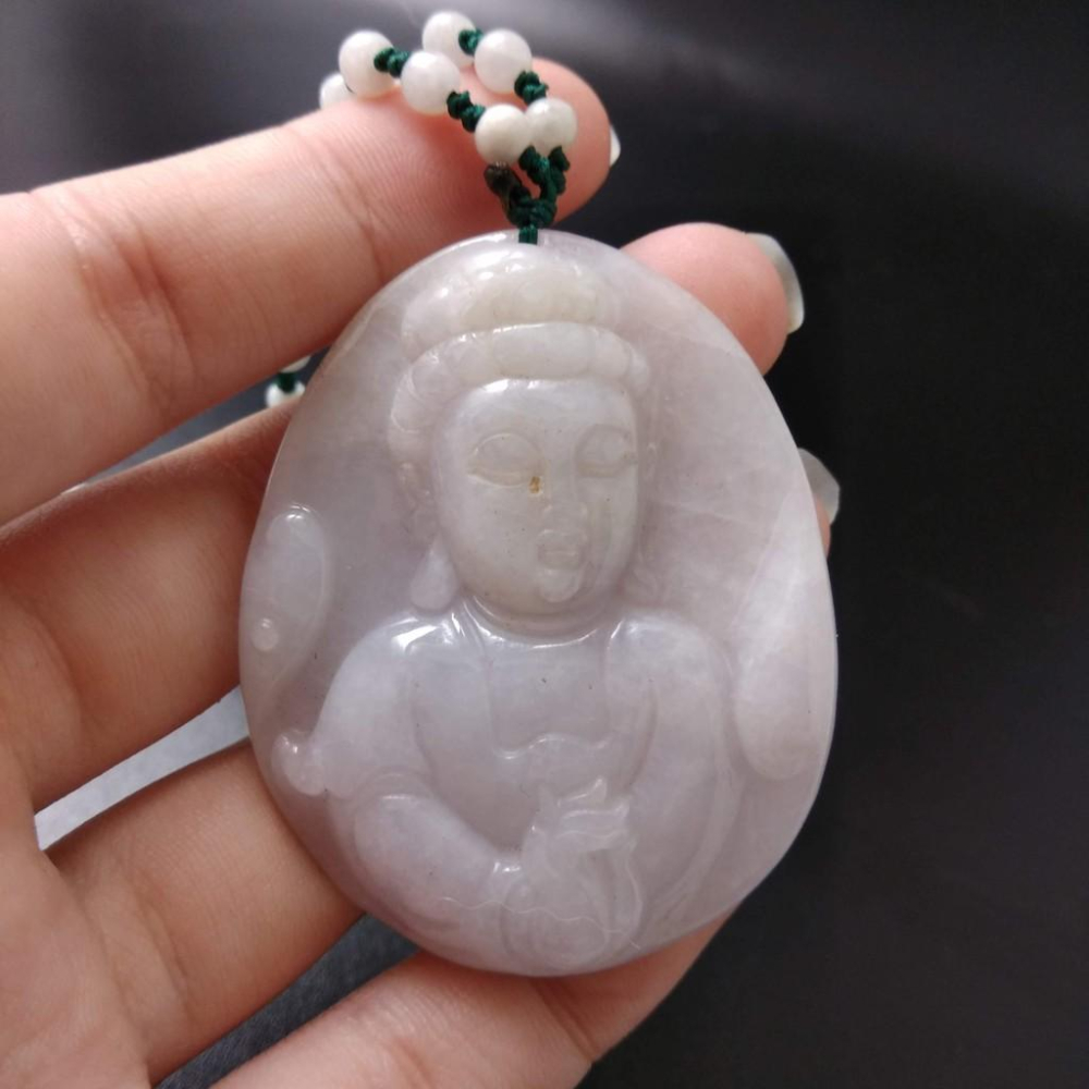 天然玉石緬甸玉硬玉A貨翡翠紫羅蘭精雕觀音吊墬玉珮50.6*41.1*7mm墬子玉墬掛件觀音菩薩如來保佑平安珠寶-細節圖4
