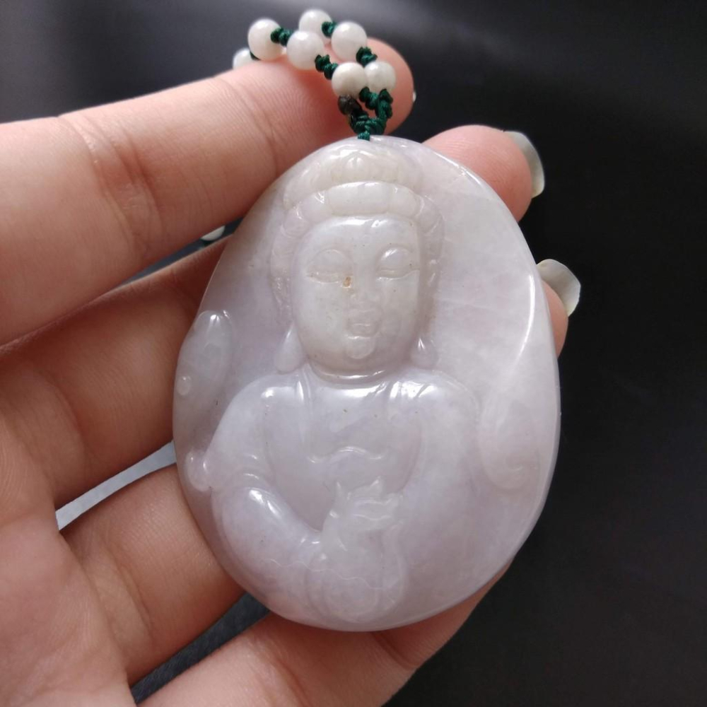 天然玉石緬甸玉硬玉A貨翡翠紫羅蘭精雕觀音吊墬玉珮50.6*41.1*7mm墬子玉墬掛件觀音菩薩如來保佑平安珠寶-細節圖5