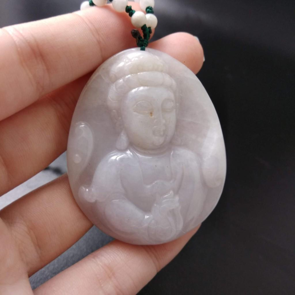天然玉石緬甸玉硬玉A貨翡翠紫羅蘭精雕觀音吊墬玉珮50.6*41.1*7mm墬子玉墬掛件觀音菩薩如來保佑平安珠寶-細節圖6