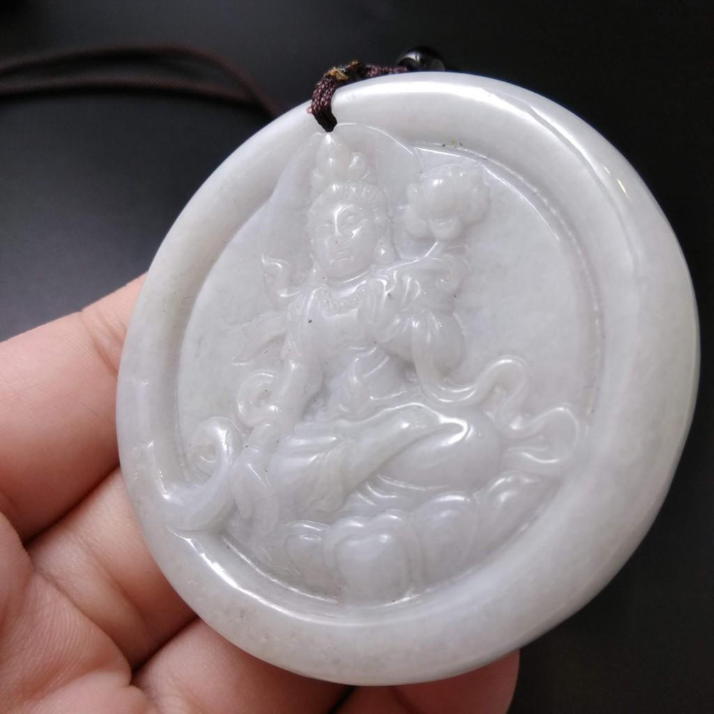 天然觀音玉石緬甸玉硬玉A貨翡翠精雕吊墬玉珮55*6.2mm墬子玉墬掛件觀音菩薩如來保佑平安珠寶-細節圖5