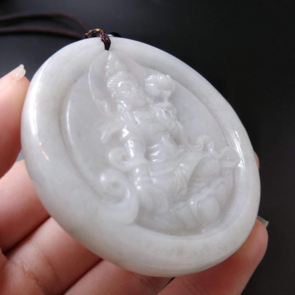 天然觀音玉石緬甸玉硬玉A貨翡翠精雕吊墬玉珮55*6.2mm墬子玉墬掛件觀音菩薩如來保佑平安珠寶-細節圖7