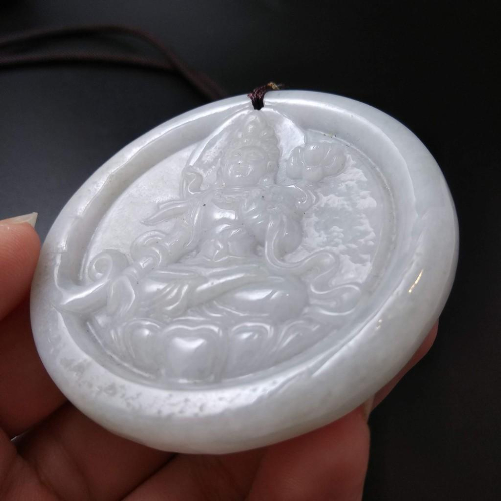 天然觀音玉石緬甸玉硬玉A貨翡翠精雕吊墬玉珮55*6.2mm墬子玉墬掛件觀音菩薩如來保佑平安珠寶-細節圖8