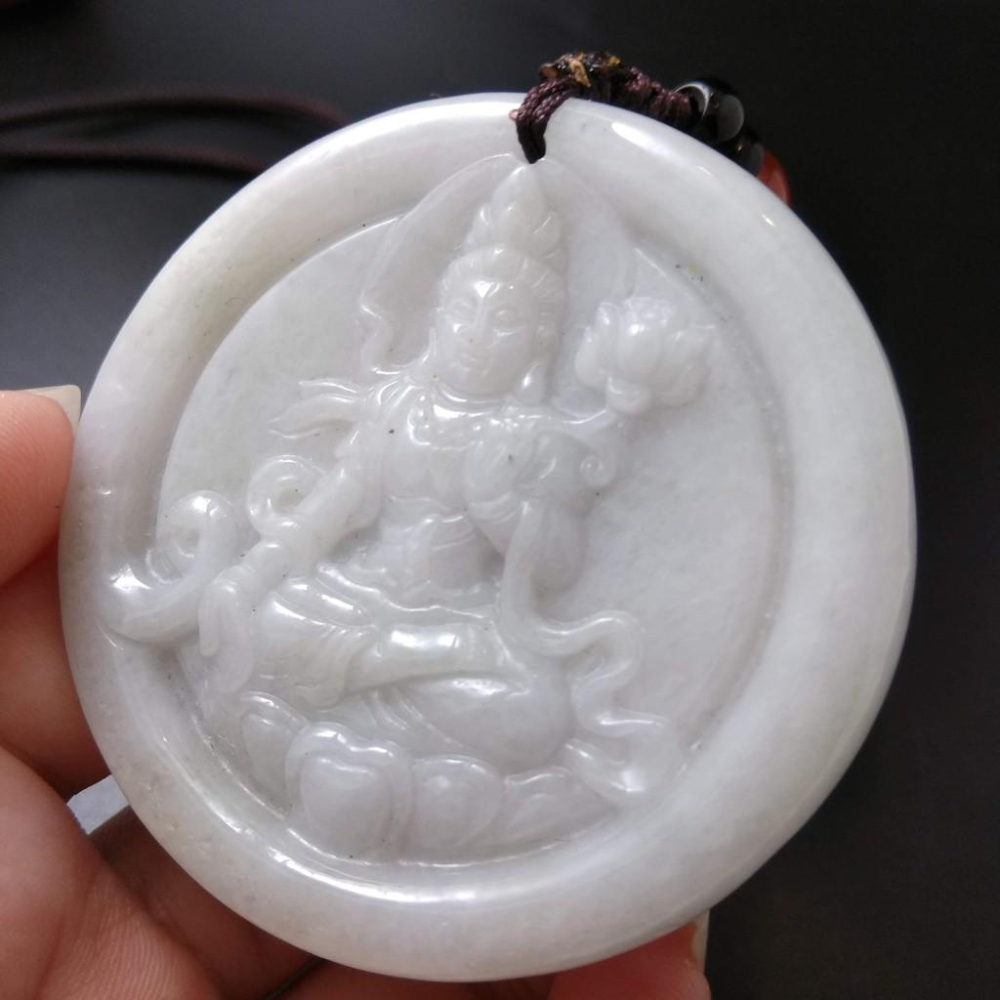 天然觀音玉石緬甸玉硬玉A貨翡翠精雕吊墬玉珮55*6.2mm墬子玉墬掛件觀音菩薩如來保佑平安珠寶-細節圖9