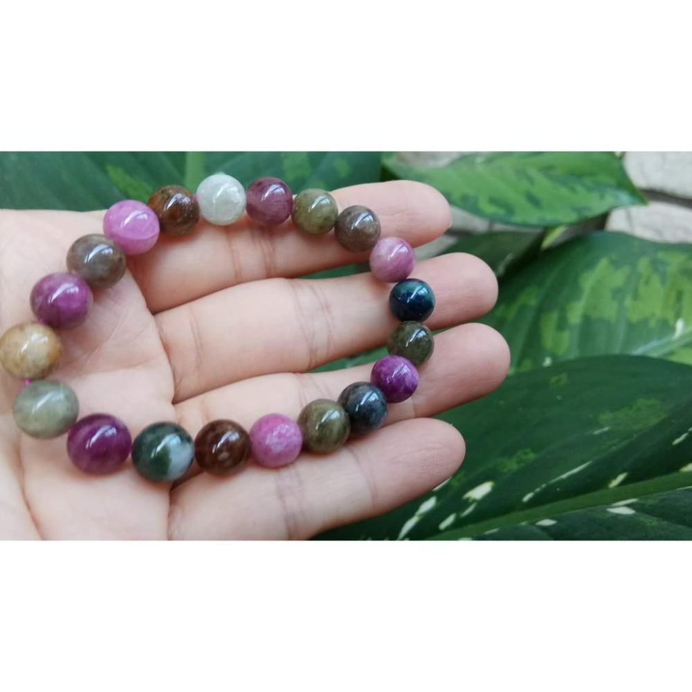 天然半寶石電氣石糖果彩色碧璽透體西瓜碧璽單圈圓珠手鍊手串手珠手環9mm/22.9g玉石珠寶首飾寶石飾品-細節圖2