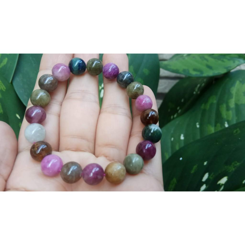 天然半寶石電氣石糖果彩色碧璽透體西瓜碧璽單圈圓珠手鍊手串手珠手環9mm/22.9g玉石珠寶首飾寶石飾品-細節圖3