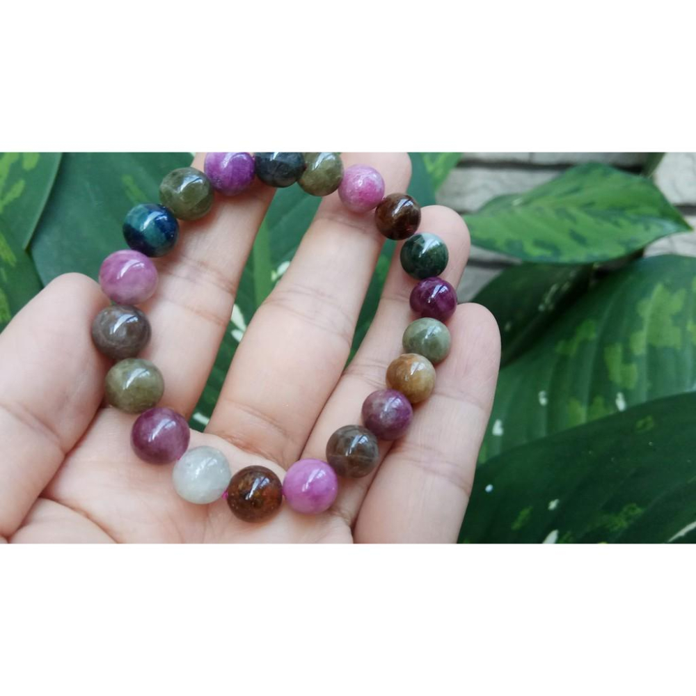 天然半寶石電氣石糖果彩色碧璽透體西瓜碧璽單圈圓珠手鍊手串手珠手環9mm/22.9g玉石珠寶首飾寶石飾品-細節圖4