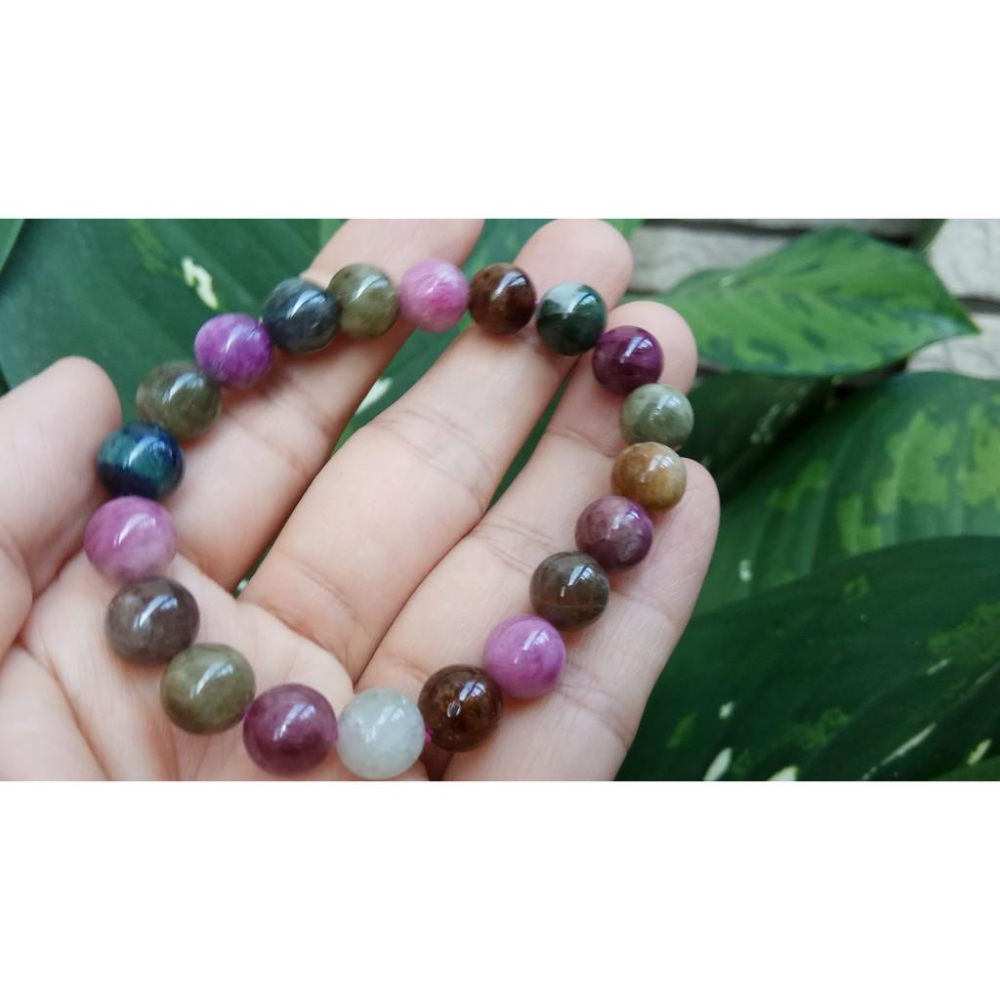 天然半寶石電氣石糖果彩色碧璽透體西瓜碧璽單圈圓珠手鍊手串手珠手環9mm/22.9g玉石珠寶首飾寶石飾品-細節圖5