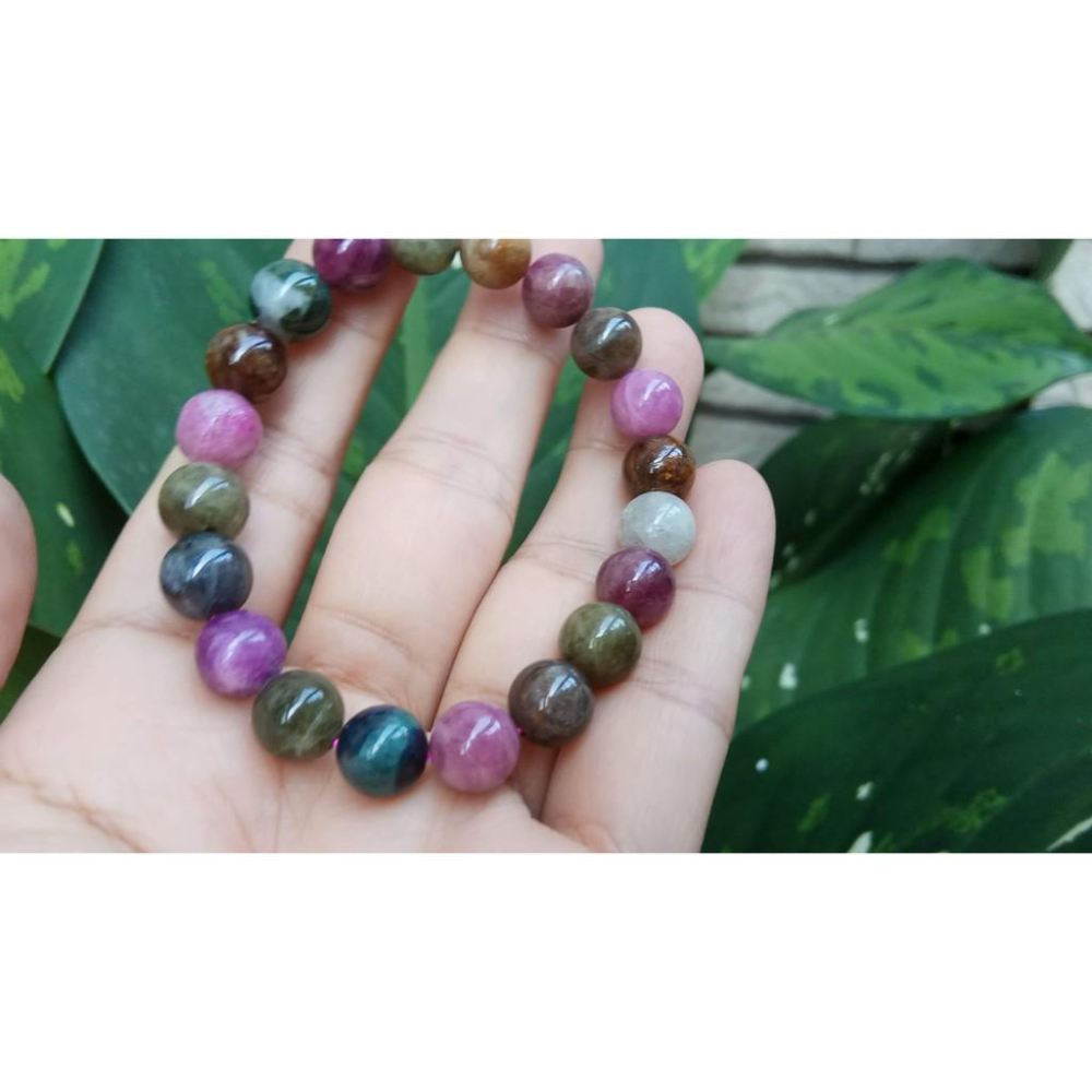 天然半寶石電氣石糖果彩色碧璽透體西瓜碧璽單圈圓珠手鍊手串手珠手環9mm/22.9g玉石珠寶首飾寶石飾品-細節圖7